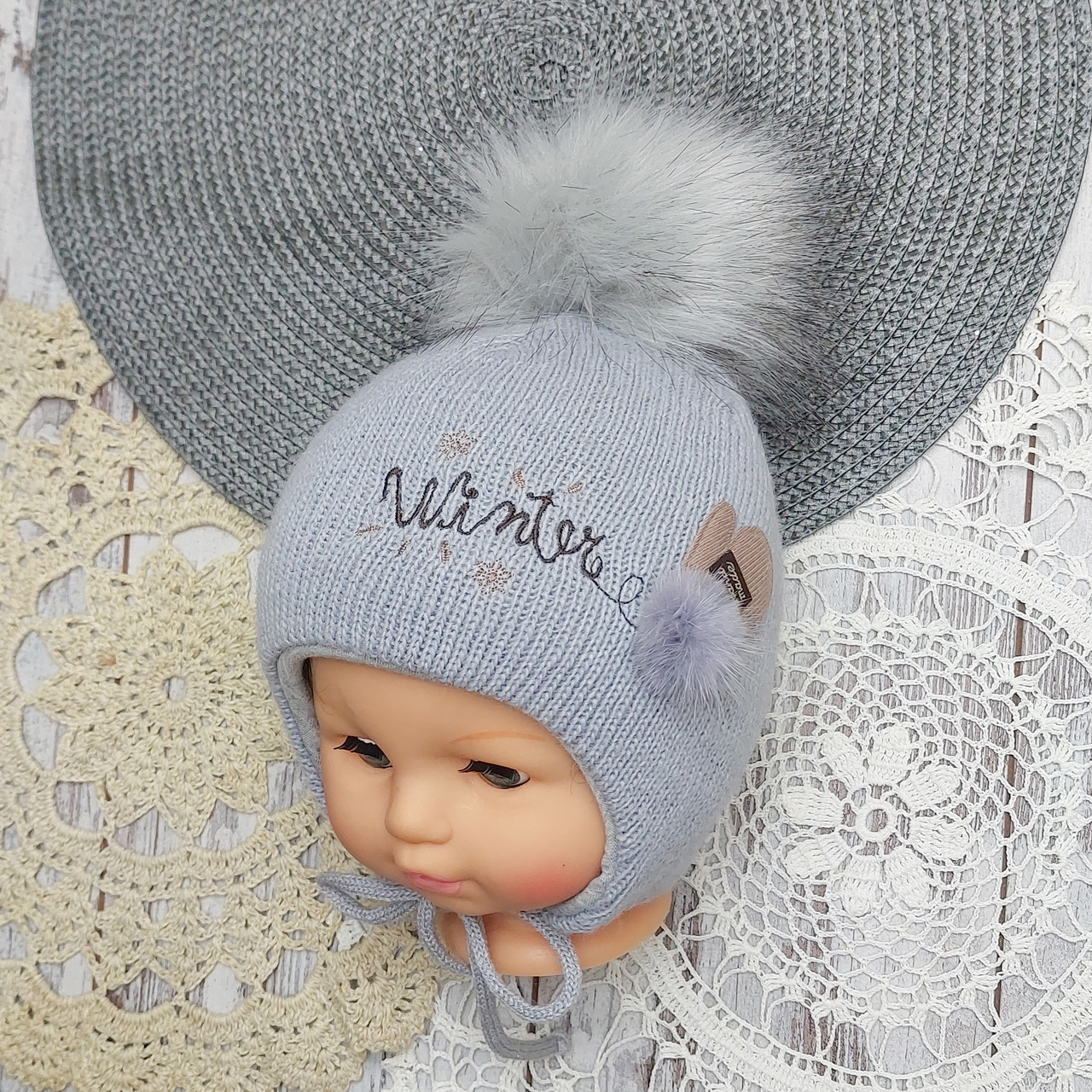 46-48 1-1,5 роки термо утеплена зимова в'язана шапка з хутряним бубоном для хлопчика 7071 Сіра