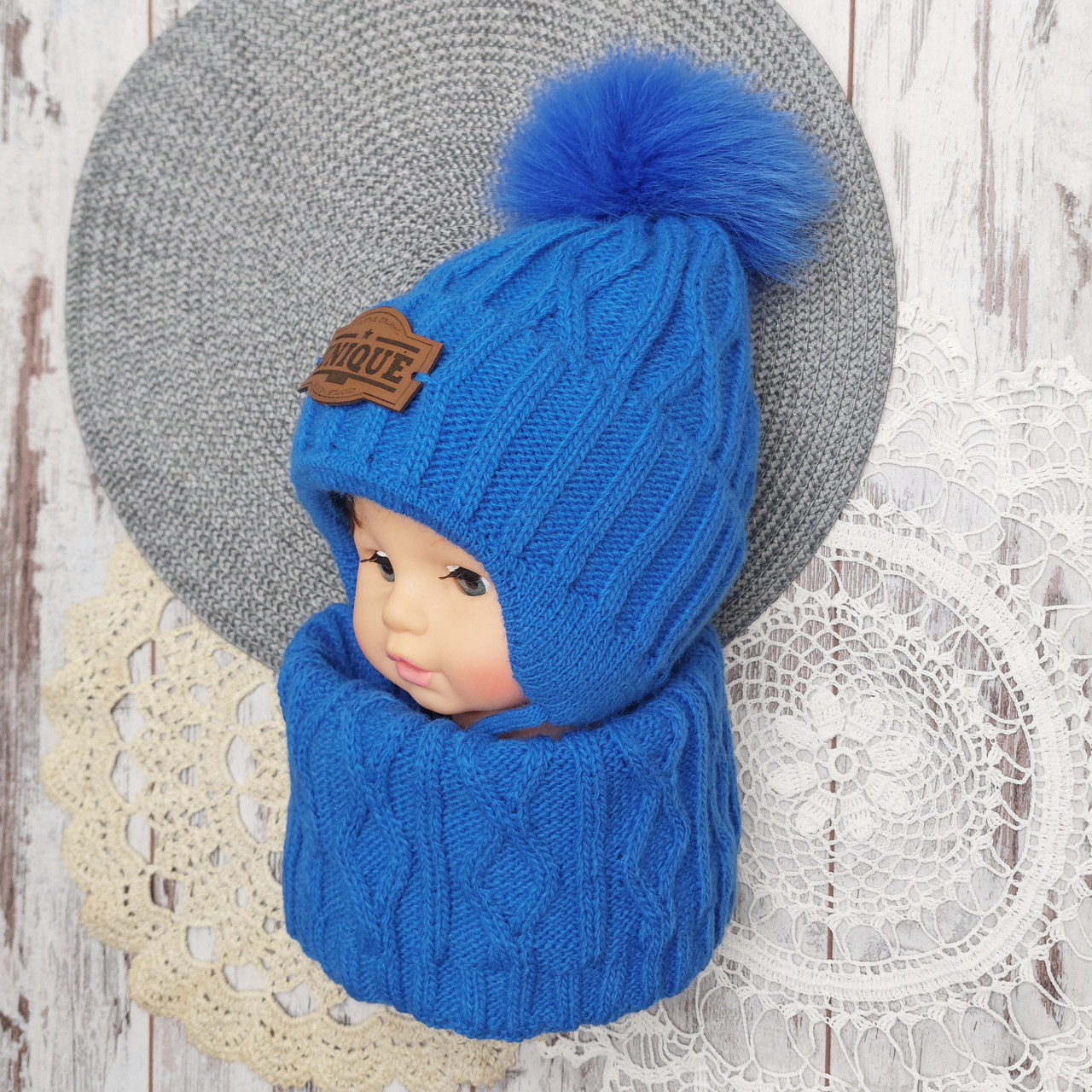 50-54 2-6 років комплект хомут + зимова в'язана шапка для хлопчика з хутряним помпоном з хутра 4548 БРЗ