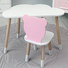 Дитячи набір столик та стільчик, стіл хмаринка білий 46х70х40 і стільчик ведмедик рожевий 26.5х26х25,