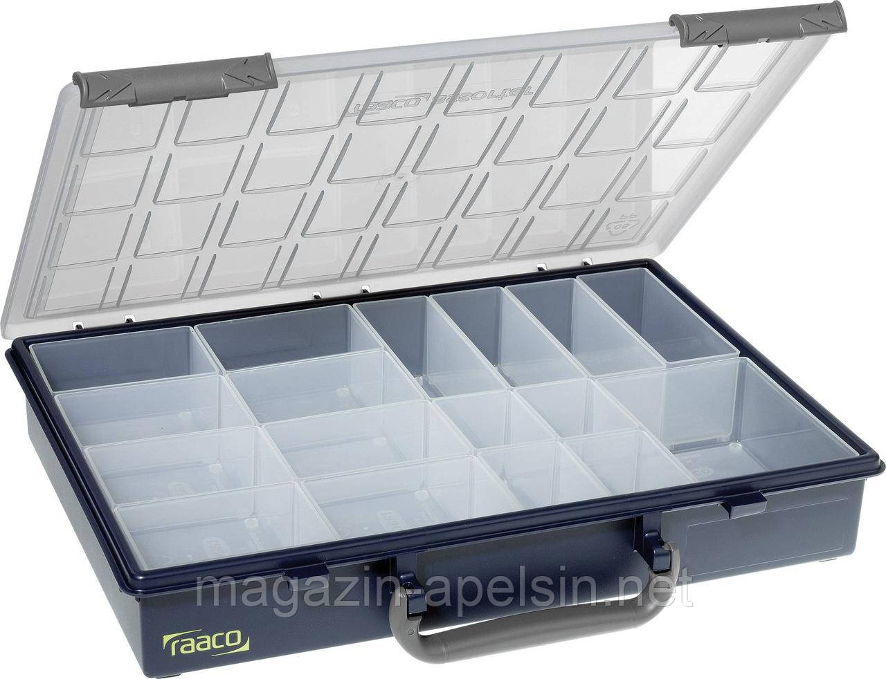Сортировщик Raaco 55 4x8-17, коробка (Д x Ш x В) 338 x 261 x 57 мм. Количество отделений: 17 фиксированных перегородок. Содержимое