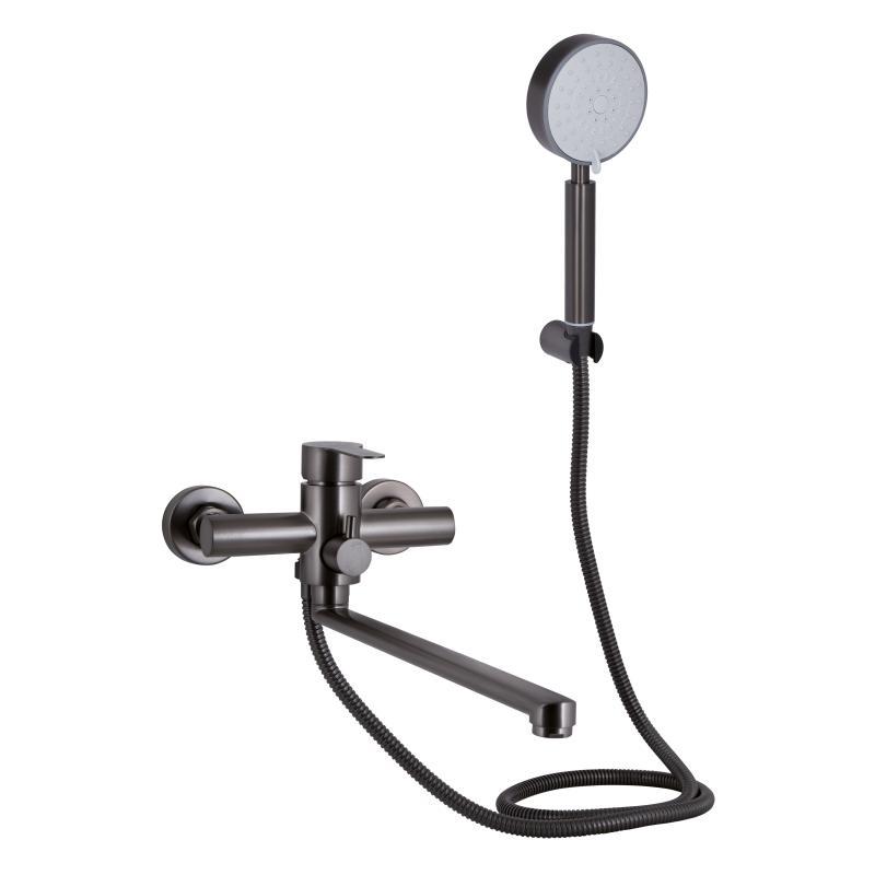 Змішувач для ванни Brinex Pure 005 з довгим поворотним виливом (з душовим гарнітуром) Graphite BRIPUR005GRP, фото 1