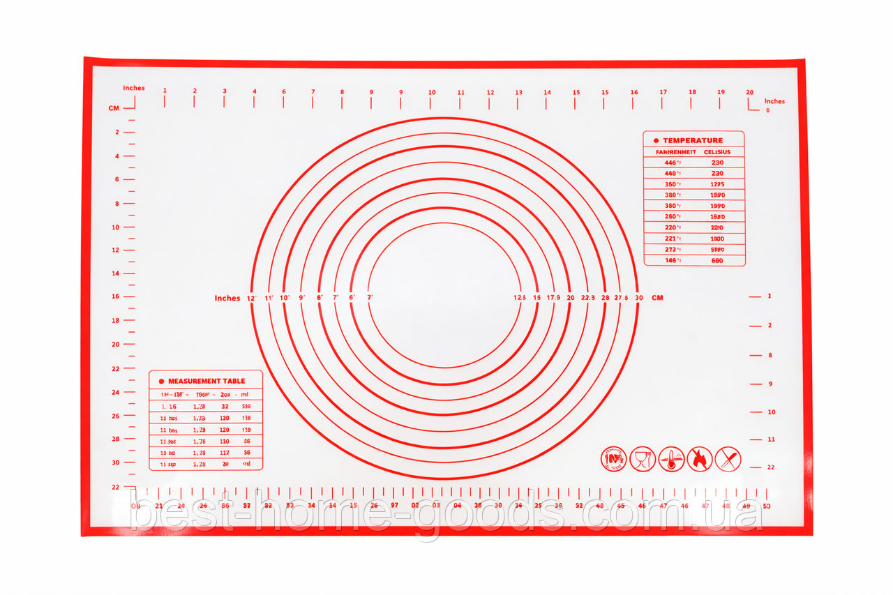 Силіконовий килимок для розкачування тіста 60×40 см червоний — антипригарний, з розміткою, харчовий силікон, для випічки та заморо, фото 1