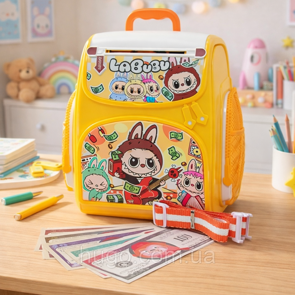 Електронна скарбничка з кодовим замком Лабубу + 2 ремінці, від батарейок, 20.5х19х10 см / Дитяча скарбничка рюкзак, фото 1