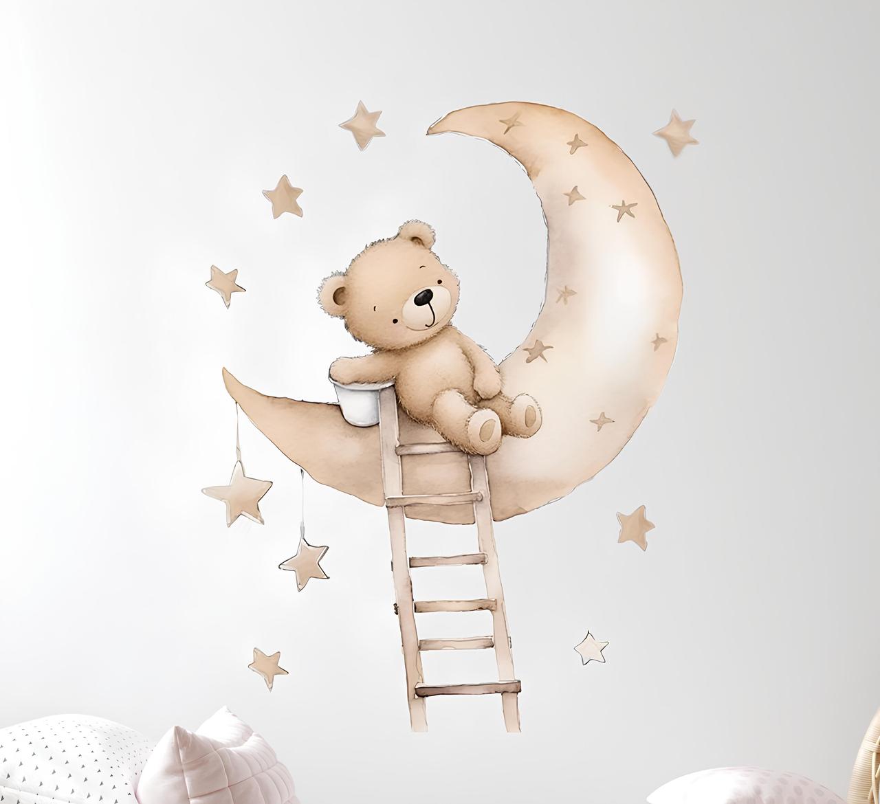 Наклейка на стіну дитяча Самоклеюча Ведмедик на місяці 66*53 9001, фото 1