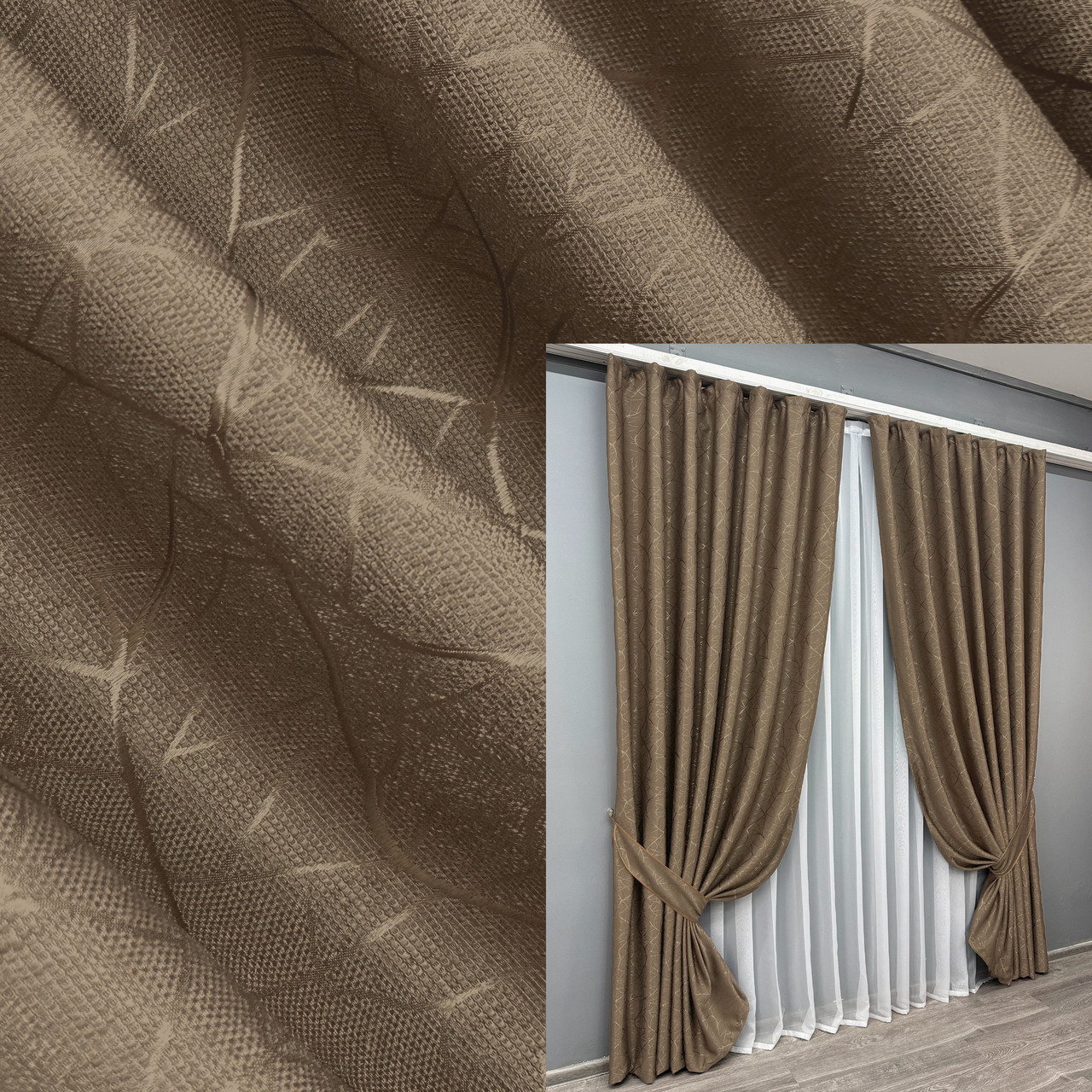 Комплект штор (2шт. 1,5х2,7м.) льон рогожка, колекція "Саванна". Колір коричневий. Код 688ш 30-467, фото 1