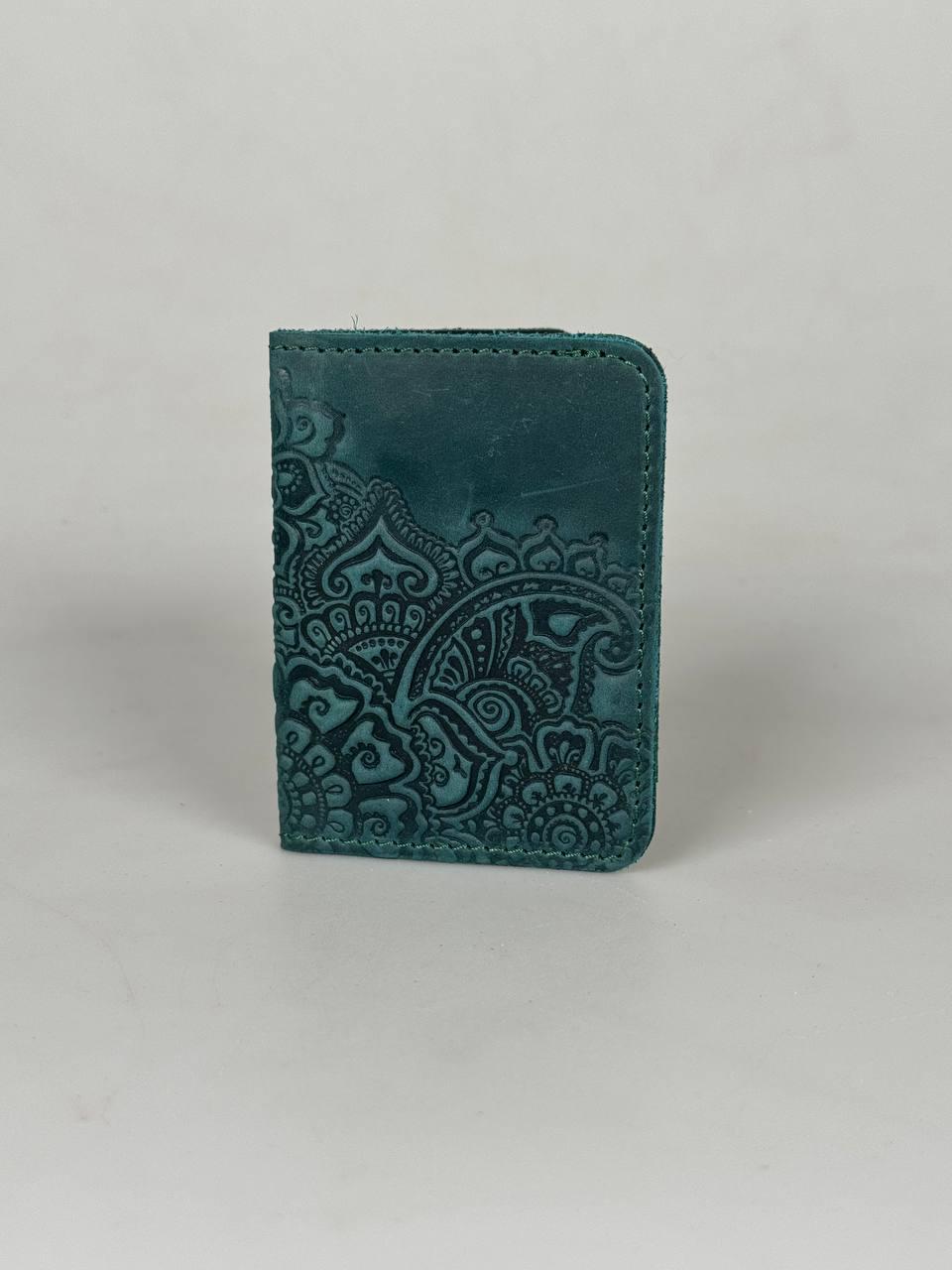 Шкіряна обкладинка для id паспорта/прав водія зі слотами для карт "Квітучий сад", натуральна шкіра, зеленого кольору, 10х7 см, фото 1