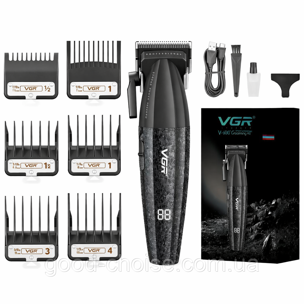 Акумуляторна машинка для стрижки + 6 насадок, VGR V-640C / Бездротовий тример / Професійний тример для стрижки чоловічий, фото 1