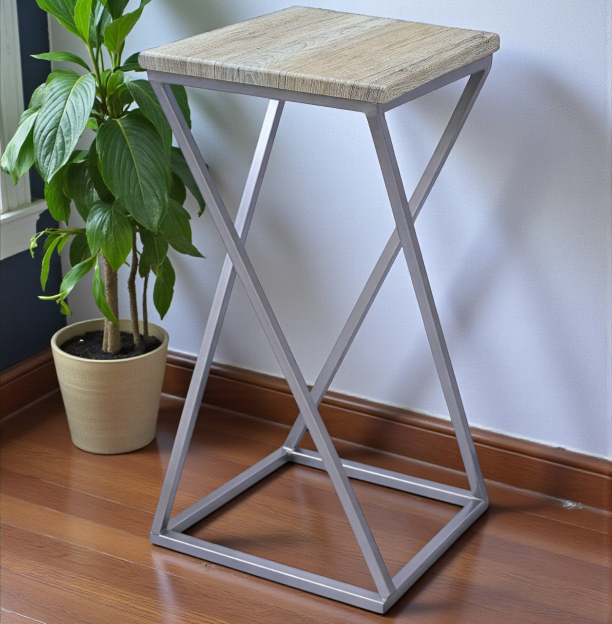 Підставка для квітів лофт Вектор 65 см на один вазон, хром / сонома, фото 1