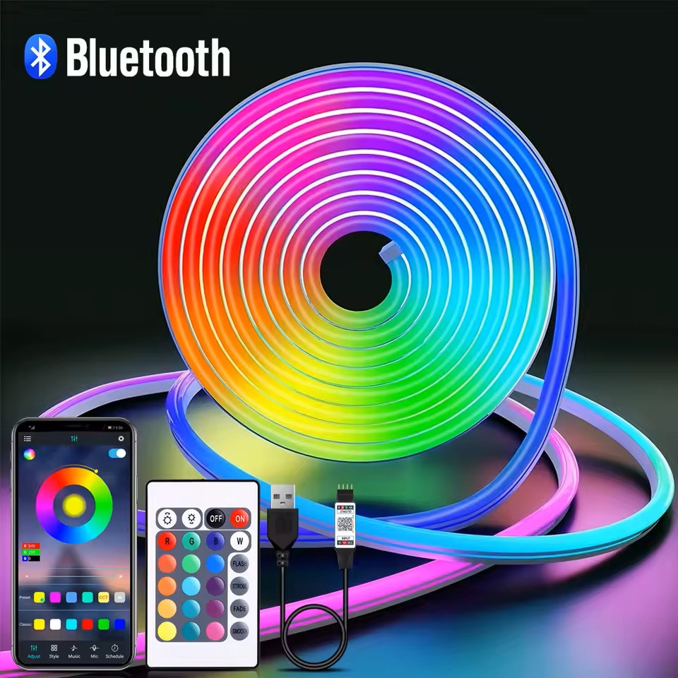 RGB Neon LED-стрічка 5 м, USB 5V, Bluetooth керування з телефону, пульт, неонова підсвітка, фото 1
