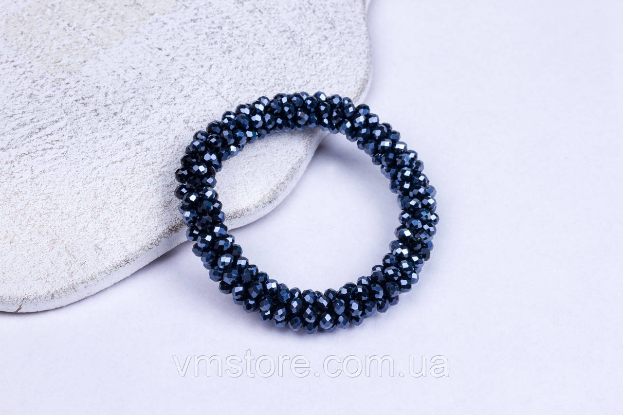 Резинка браслет для волосся,  з кришталевих намистин, синя гумка для волосся, фото 1