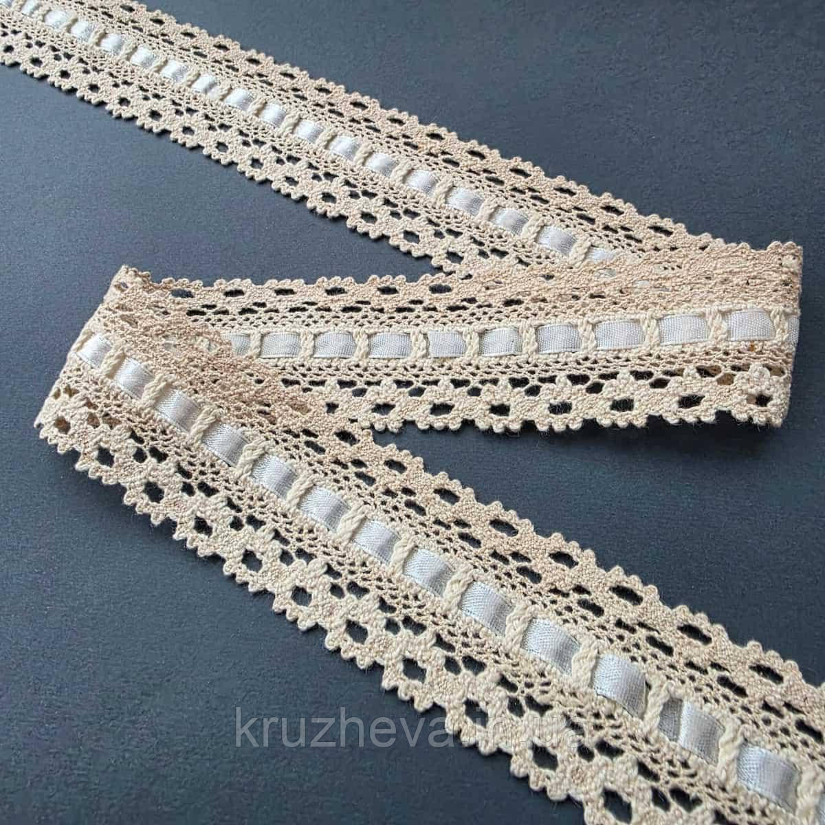 Ажурне натуральне бавовняне (лляне) мереживо бежевого кольору, ширина 4.0 см, фото 1