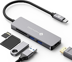 Концентратор USB hub NOVOO 5 в 1 компактний USB-C адаптер з HDMI USB 3.0 та кардрідером