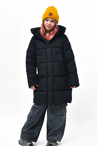 Зимова куртка для дівчинки дитяча пуховик стьобана довга з капюшоном чорна