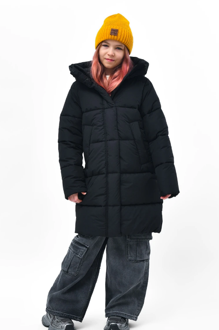 Зимова куртка для дівчинки дитяча пуховик стьобана довга з капюшоном чорна, фото 1