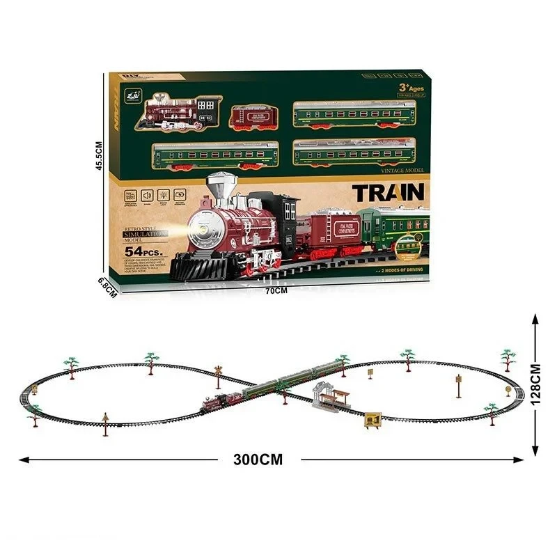 Залізниця на 54 елементи на батарейках, 5 вагонів довжиною 114 см, дорога 300х128 см, підсвічування, звук-беззвучний режим, фото 1