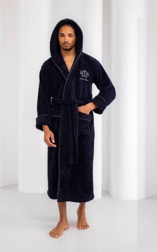 Халат чоловічий з капюшоном Massimo Monelli синій велсофт, фото 1