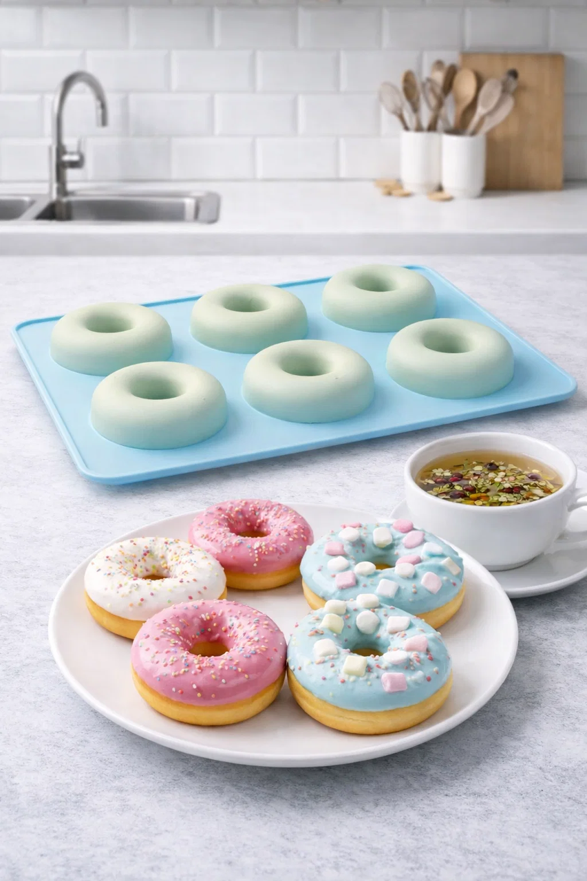 Силіконова форма для випічки та десертів - пончиків 6 осередків на планшеті, 27,5×17,5 см, фото 1