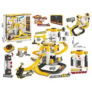 Автотрек для дітей на 53 елементи, 3 металопластикові машинки, гелікоптер, звуки, підсвічування, мікрофон, механічний ліфт