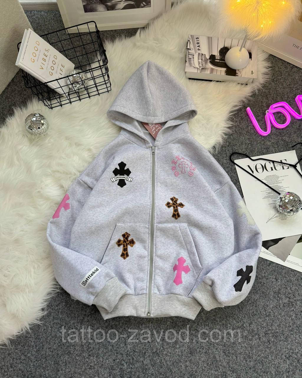 Худі жіноче на блискавці с капюшоном трьохнитка на флісі с принтом  42-46, фото 1