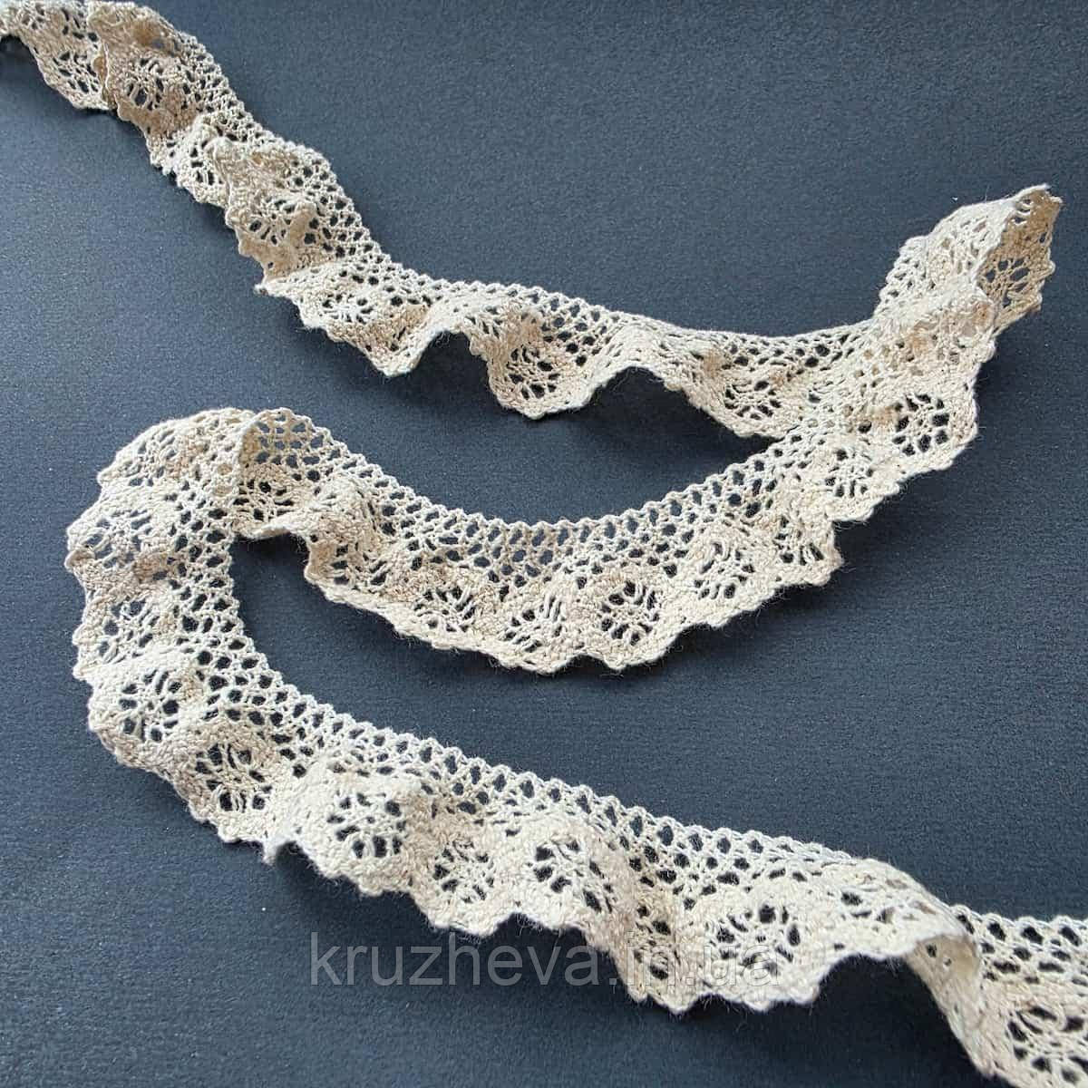 Ажурне натуральне бавовняне (лляне) мереживо бежевого кольору, ширина 2,0 см, фото 1