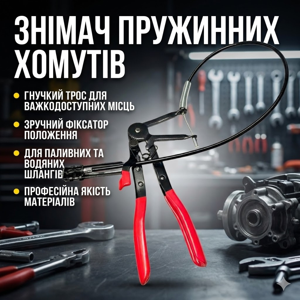 Знімач для пружинних хомутів патрубків із гнучким тросом і фіксатором, фото 1
