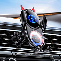Тримач для телефону, автомобільний з бездротовою магнітною зарядкою 15w Type-C, Micro, Lightning, чорний