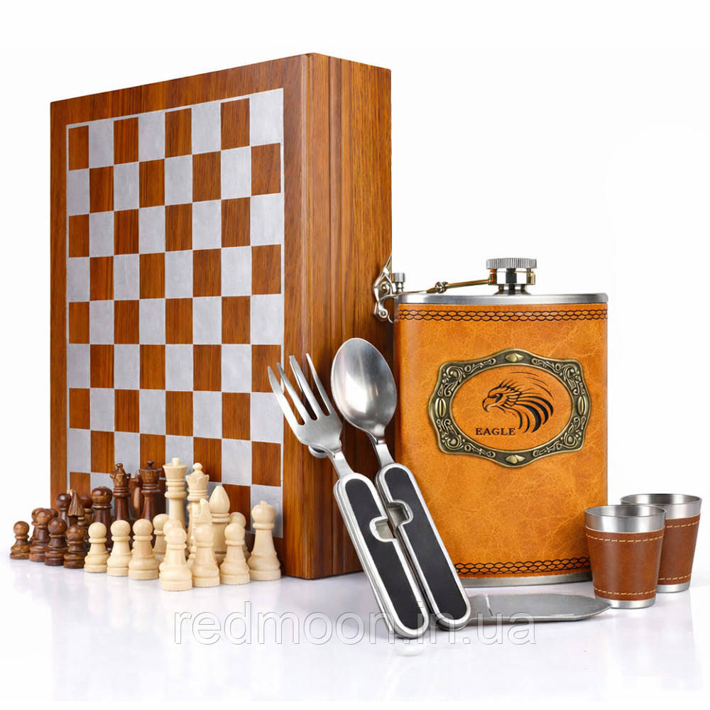 Подарунковий набір фляга + шахи + 2 чарки, 2 столові прилади / Чоловічий подарунковий набір з флягою та шахами / Шахи подарункові, фото 1