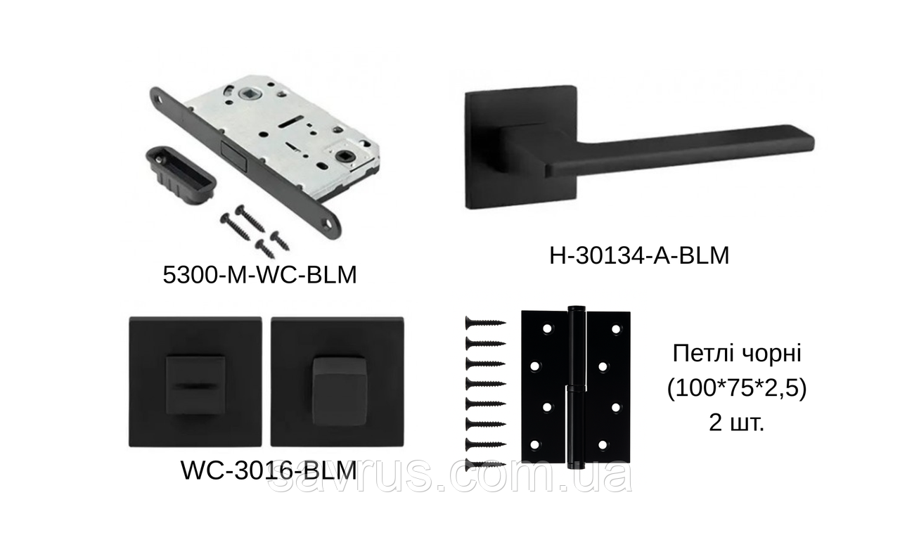 Набір чорних дверних ручок, замка та фіксатора SEMPRA, (H-30134-A-BLM, WC-3016-BLM, 5300-M-WC-BLM), фото 1