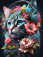 Алмазна мозаїка Кіт у навушниках з квітами  25*35см круглі камені за номерами (розмір полотна 30*40 см)