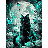 Алмазна мозаїка Кіт при місяці  25*35см круглі камені за номерами (розмір полотна 30*40 см)