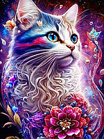 Алмазна мозаїка Кіт різнокольоровий з квіткою  25*35см круглі камені за номерами (розмір полотна 30*40 см)