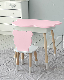 Столик хмаринка з нішею для речей 54х68х50 і стільчик спинка медведик 26.5х26х25, стіл та стілець в дитячу, білий з рожевим