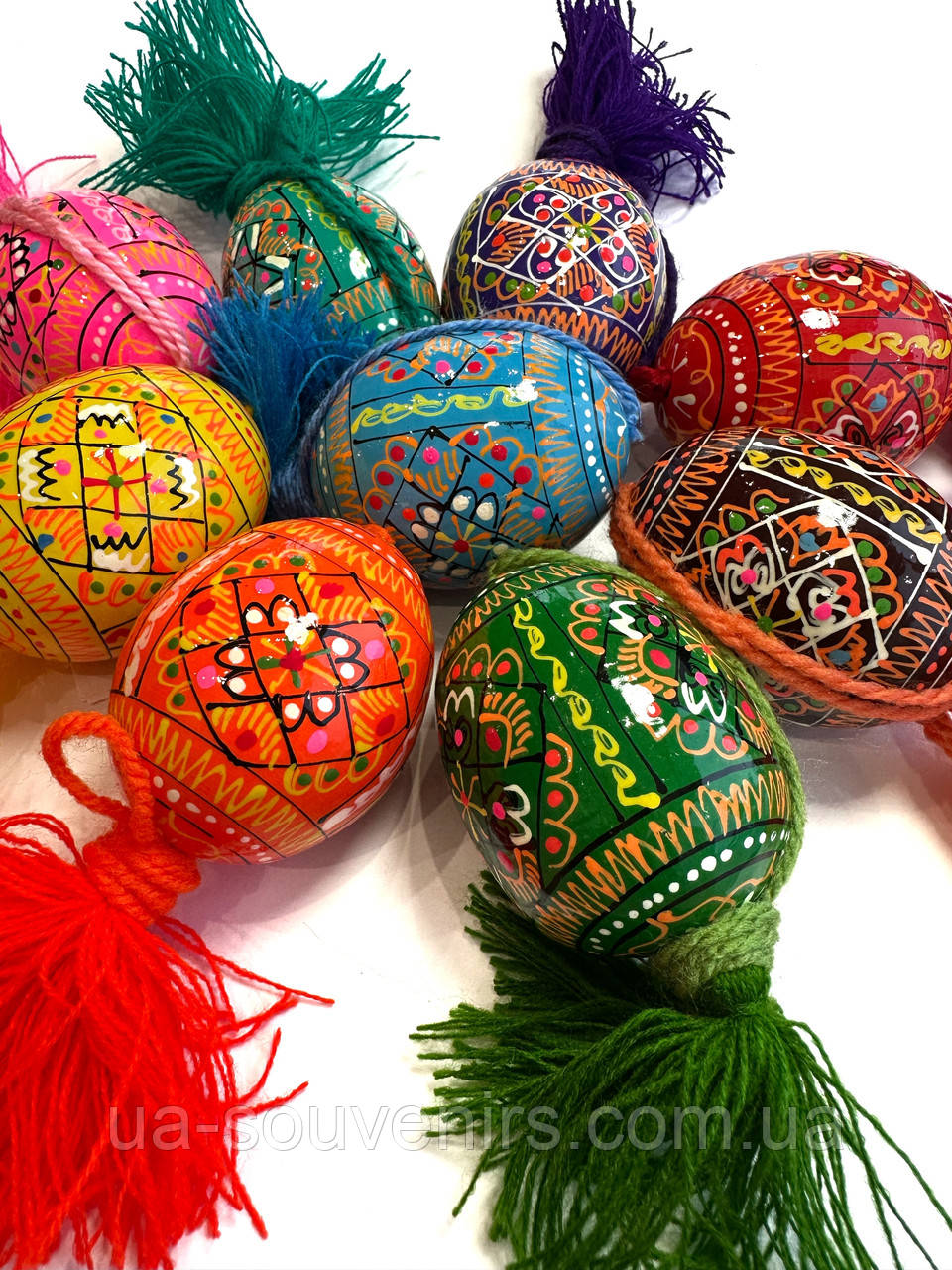 Великодні писанки дерев'яні з китицею на шнурку розписні набір 9 шт / Писанка з дерева, фото 1