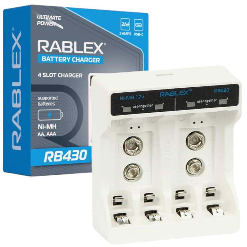 Зарядний пристрій Rablex RB 430 на 4 акум. (NiMH/NiCd: АА, ААА, 6LF22) 1,2V/9V (Type-C), зарядка для акумуляторів