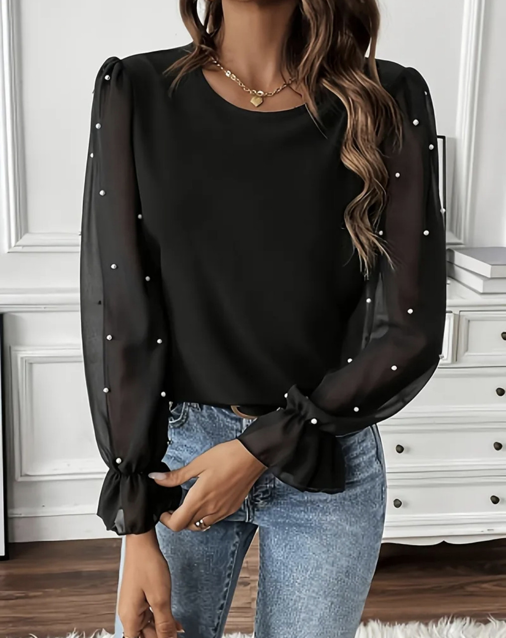 Стильна  кофта з шифоновими рукавами і намистинами, фото 1