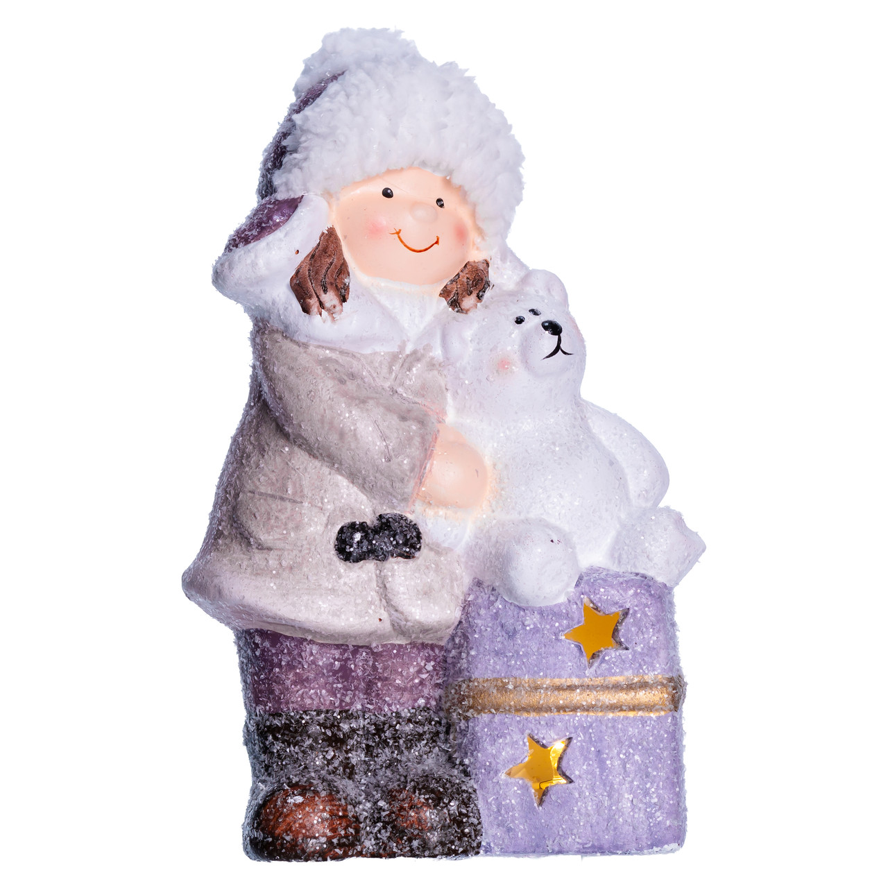 Новорічна фарфорова фігурка з підсвіткою Дівчинка з ведмежам 12×7×20 см, порцелянова світна прикраса подарунок, фото 1