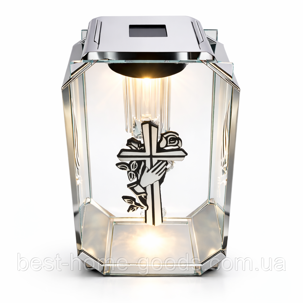 Лампадка на сонячній батареї прозора зі скла | нержавіюча сталь срібляста | хрест | LED 19 см | Польща, фото 1