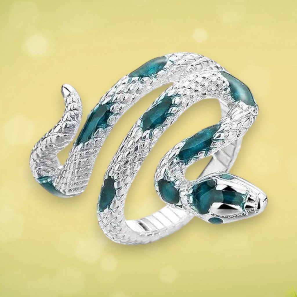 Каблучка срібляста жіноча у вигляді змії з зеленою лускою розмір регульований AurumLux102, фото 1