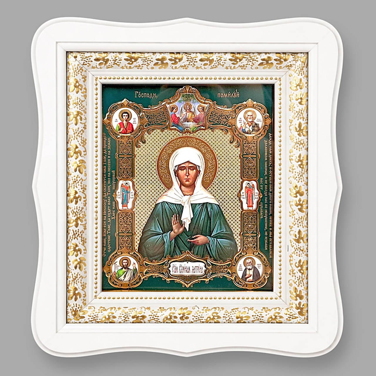 Ікона Матрона свята блаженна, лик 15х18 см, у білому фігурному дерев'яному кіоті, тип 3, фото 1