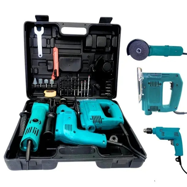 Набір інструментів 3в1 дриль ударна лобзик болгарка з аксесуарами для ремонту та будівельних робіт, фото 1