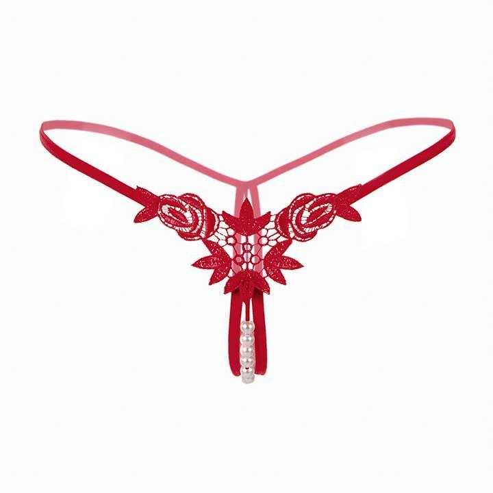 Стрінги з намистинками та квітами - Червоний - S/M - Еротична білизна, фото 1