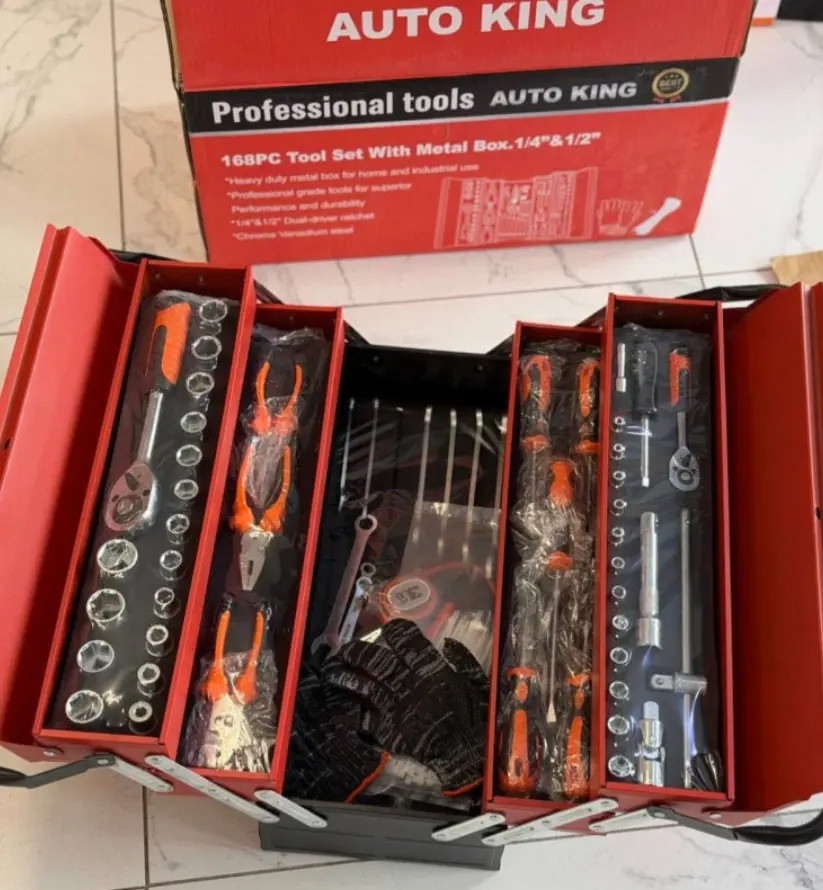 Набір інструментів у металевому ящику Auto King 168 предметів з трисекційною конструкцією для дому та автосервісу, фото 1