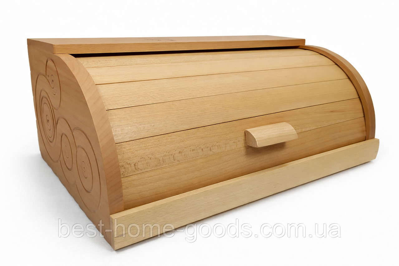 Хлібниця дерев’яна ручної роботи з різьбленням | Світла лакована, бук 37×27 см | Еко зберігання хліба без цвілі, фото 1