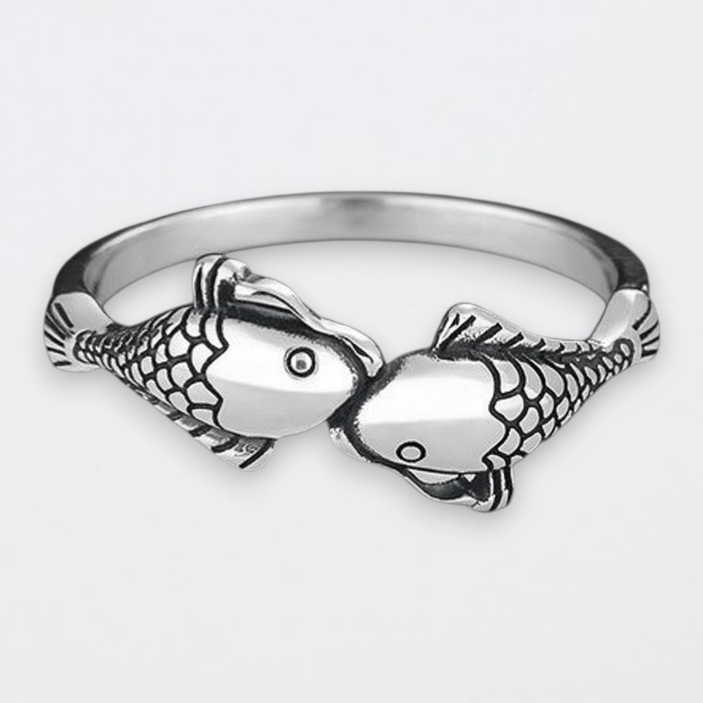 Сріблясте жіноче кільце Дві рибки цілуються регульований розмір, фото 1