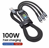 Кабель Pilot 100W прочный 3 в 1 шнур с разъемами lightning, micro usb, type C