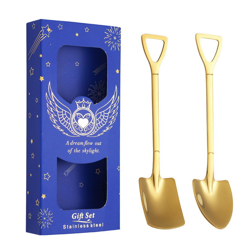 Набір Чайна ложка Лопата Совкова та Штикова Голд, Подарункова рожева коробка, неіржавка сталь 15 см (2 шт.), фото 1