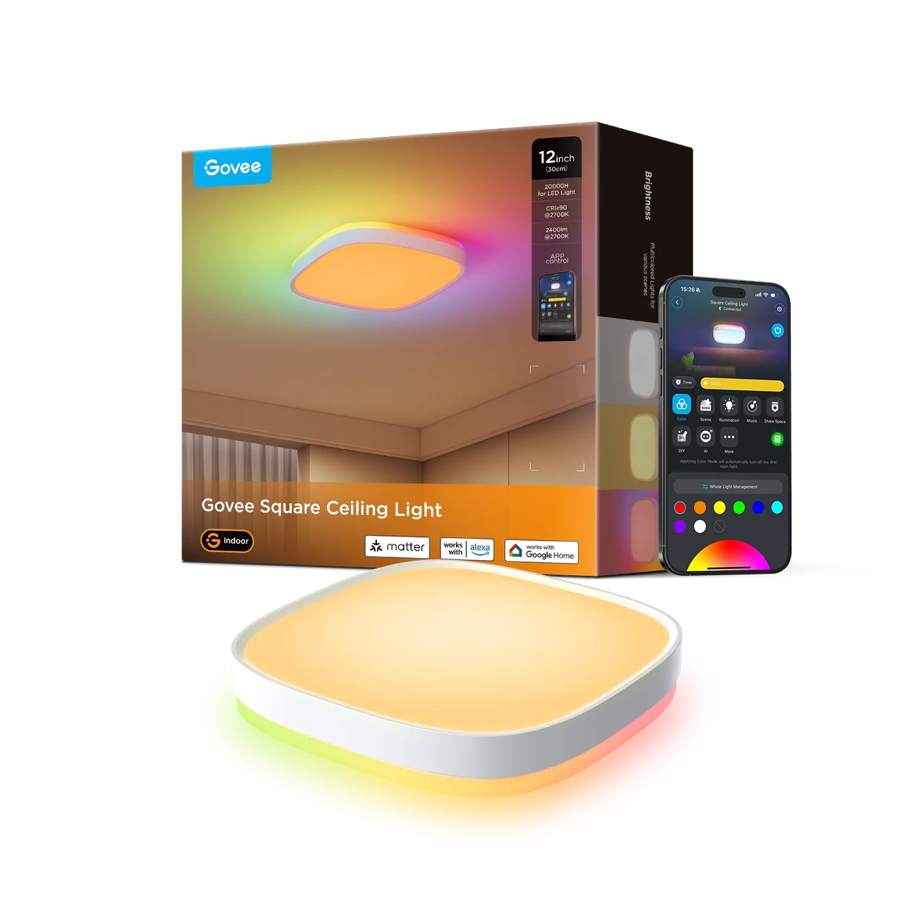 Потолочний світильник Govee H60A4 30cm Smart Square Ceiling Light, RGBWW + RGBIC, Matter, WI-FI, Bluetooth, білий, фото 1