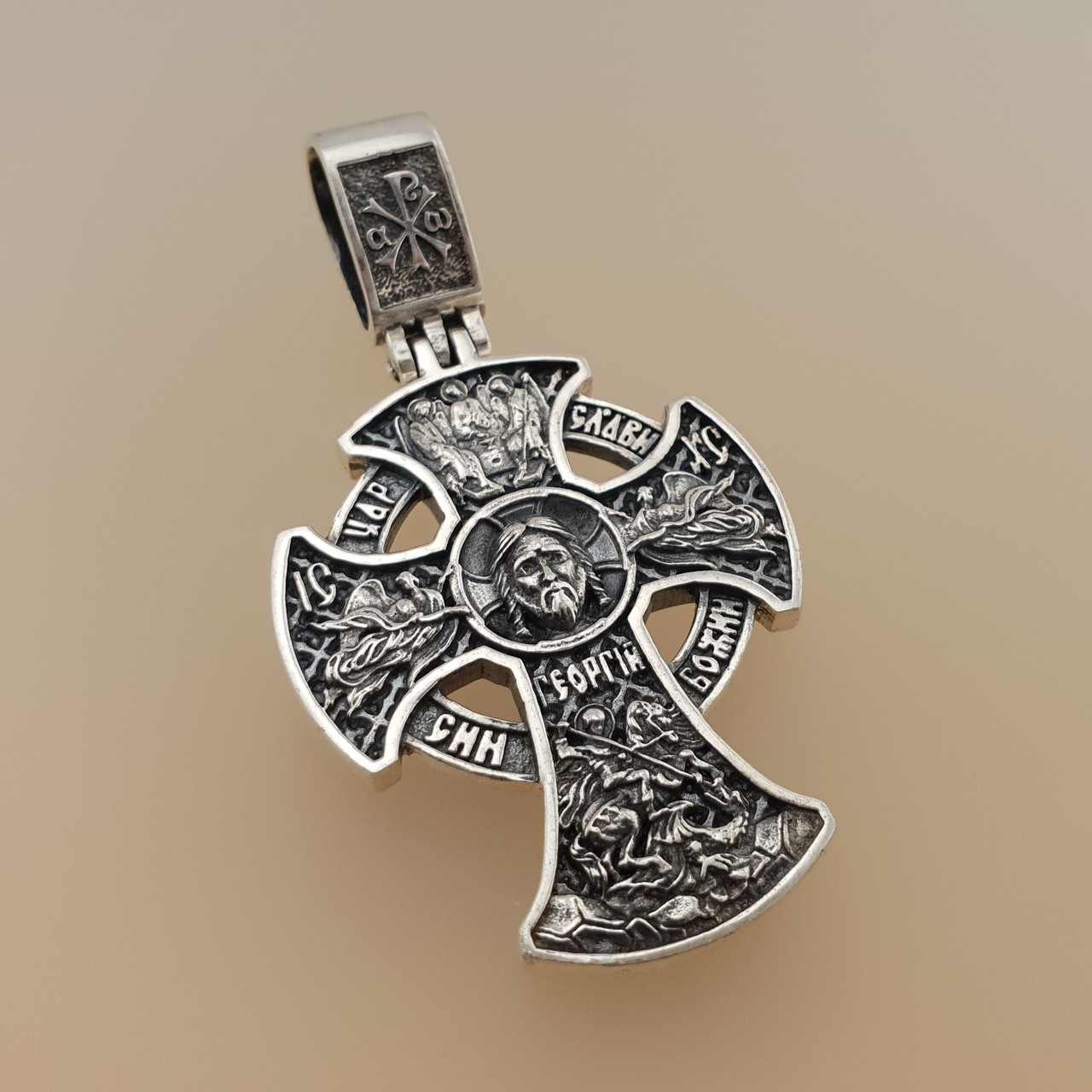 Чоловічий срібний кулон хрестик Покрова Пресвятої Богородиці і Спас Нерукотворний. Православний хрест зі срібла, фото 1