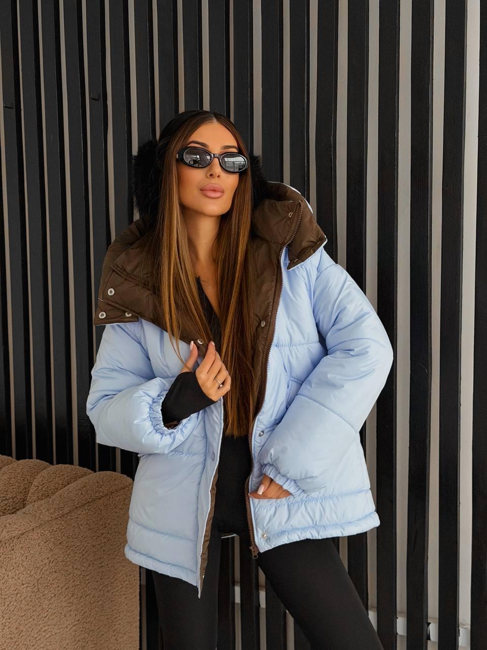 Тепла блакитна жіноча зимова куртка Oversize з капюшоном і вологостійким покриттям, фото 1