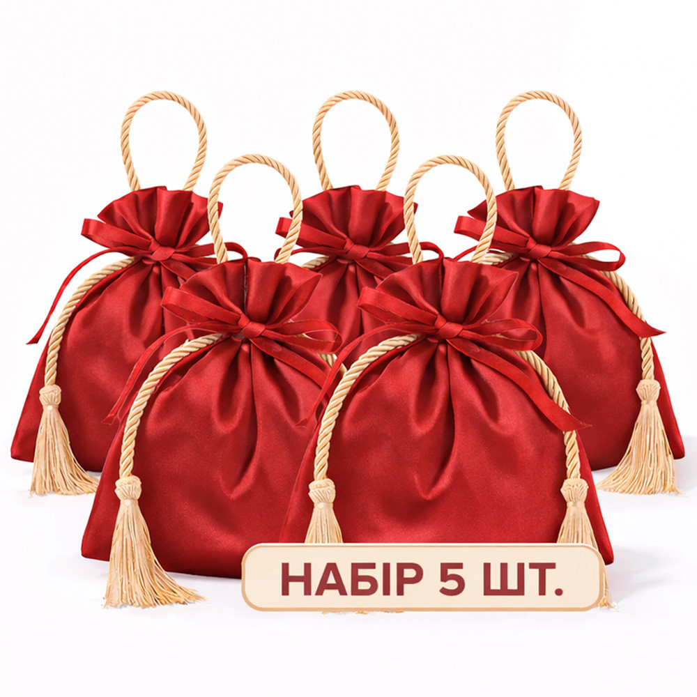 Сатинові подарункові мішечки LOSSO "Deluxe" 16×16 см червоні — набір 5 шт (тканина атлас), фото 1